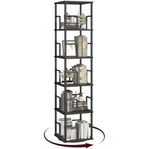 5-Tier Rotating Bookshelf, Freestanding Corner Bookshelf, 360 °   Spinning Bookcase, Industrial Style Storage Rack with Rails, for Living Room, Bedroom, Study, Black