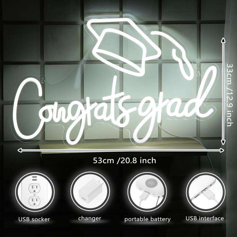 Congrats Grad LED Neon Sign, Graduation Party Decor, Warm White Grad Light Up Letters, Adjustable Congrats Graduation Sign,  LED Light Sign Dorm Room Backdrop, Celebration Gift for Class Congrats Grad(White,Congrats Grad Neon Light)