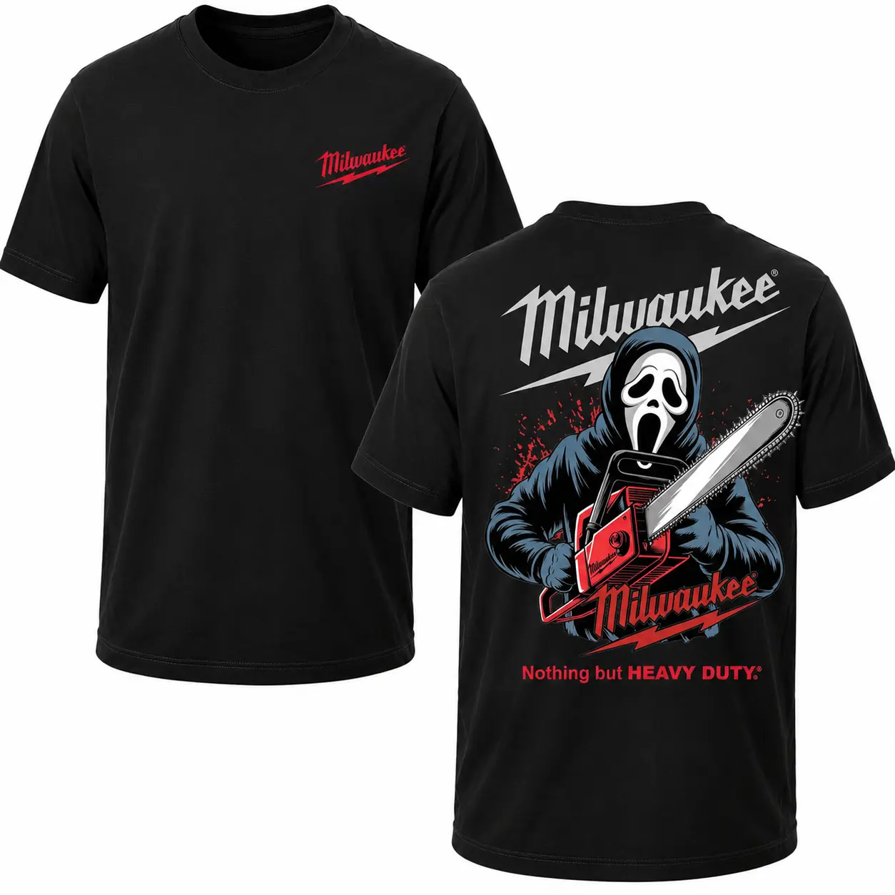 Milwaukee Ghost Face Chainsaw Shirt, 2 Sided Halloween Graphic Tee, Heavy Duty Tool Lover Unisex Cotton T-Shirt, Horror Movie Inspired Tee.