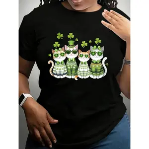 Green St Patricks Day Womens Short Sleeve Crew Neck T Shirt Featuring Adorable Cats In Festive Green Outfits with Shamrocks And Heart Fashion Glasses Celebrating Irish Heritage And Luck Perfect for St Patricks Day Parties Parades And Casual