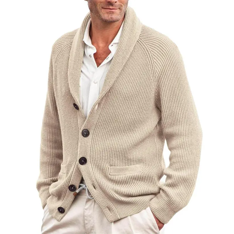 Mens Shawl Collar Cardigan Sweater Cable Knit Button Down Winter Chunky Sweater with Pockets Knitwear Menswear