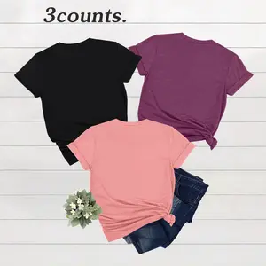3counts Women's Solid Round Neck Tee Casual Short Sleeve Crew Neck T-Shirt for Summer Ladies Clothes for Daily Wear 00 Crewneck Fitted Basic Minimalist Streetwear Shortsleeve Tshirt