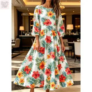 SoftFav 2026 Women's Bohemian Floral Print Dress, Bohemian Stylish Casual A-Line Beach Vacation Dress, an Ideal Choice for Summer-POD