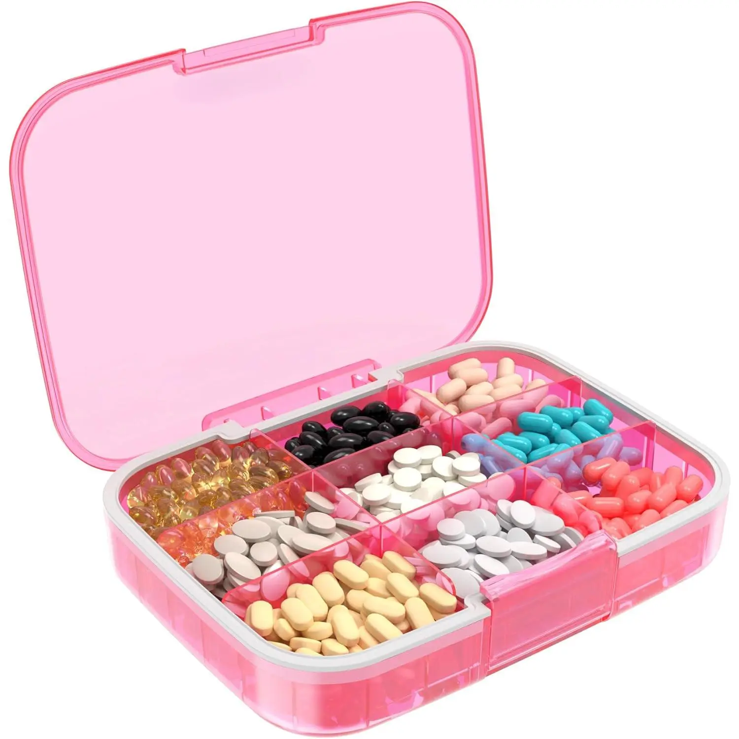 Pink Waterproof Pill Organizer - Daily Org., Portable 9-Multiple Comp. Storage Box with Adjustable Dividers for Home, On-The-Go Daily Vitamins, Supplements, Fish Oil