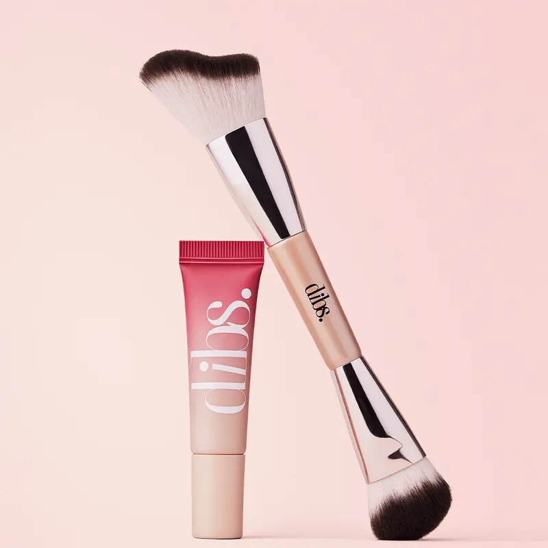 DIBS Beauty Caught You Blushing Set - Cool Blush Cheek Stain Liquid Blush + Duo Brush Cheek Makeup Brush - Long Lasting