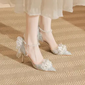 Glitter Bridal Heels With Pearl Ankle Strap, Elegant Wedding Shoes for Women, Pointed Toe Stiletto Heels with Bows, Classic Sandal