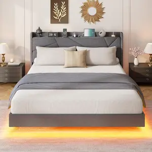 Garvee Full Size Floating Bed Frame with LED Lights & Charging Station – Upholstered Platform Bed with Storage Headboard, No Box Spring Needed, Easy Assembly, Grey