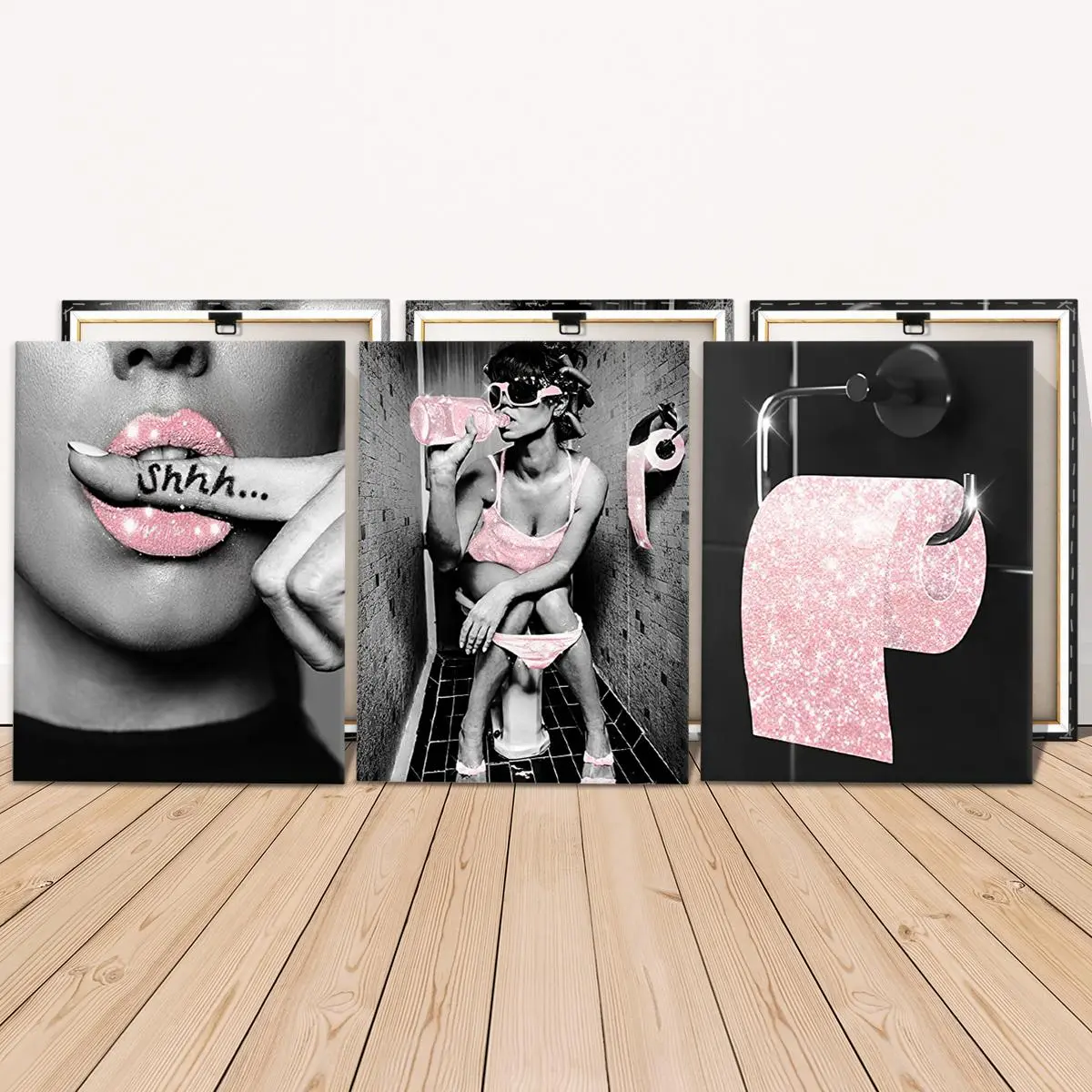 Wooden Framed Canvas Painting, 3 Counts/set Bathroom Poster Sexy Woman In Toilet, Wall Art for Home Living Room Bedroom Office Decor