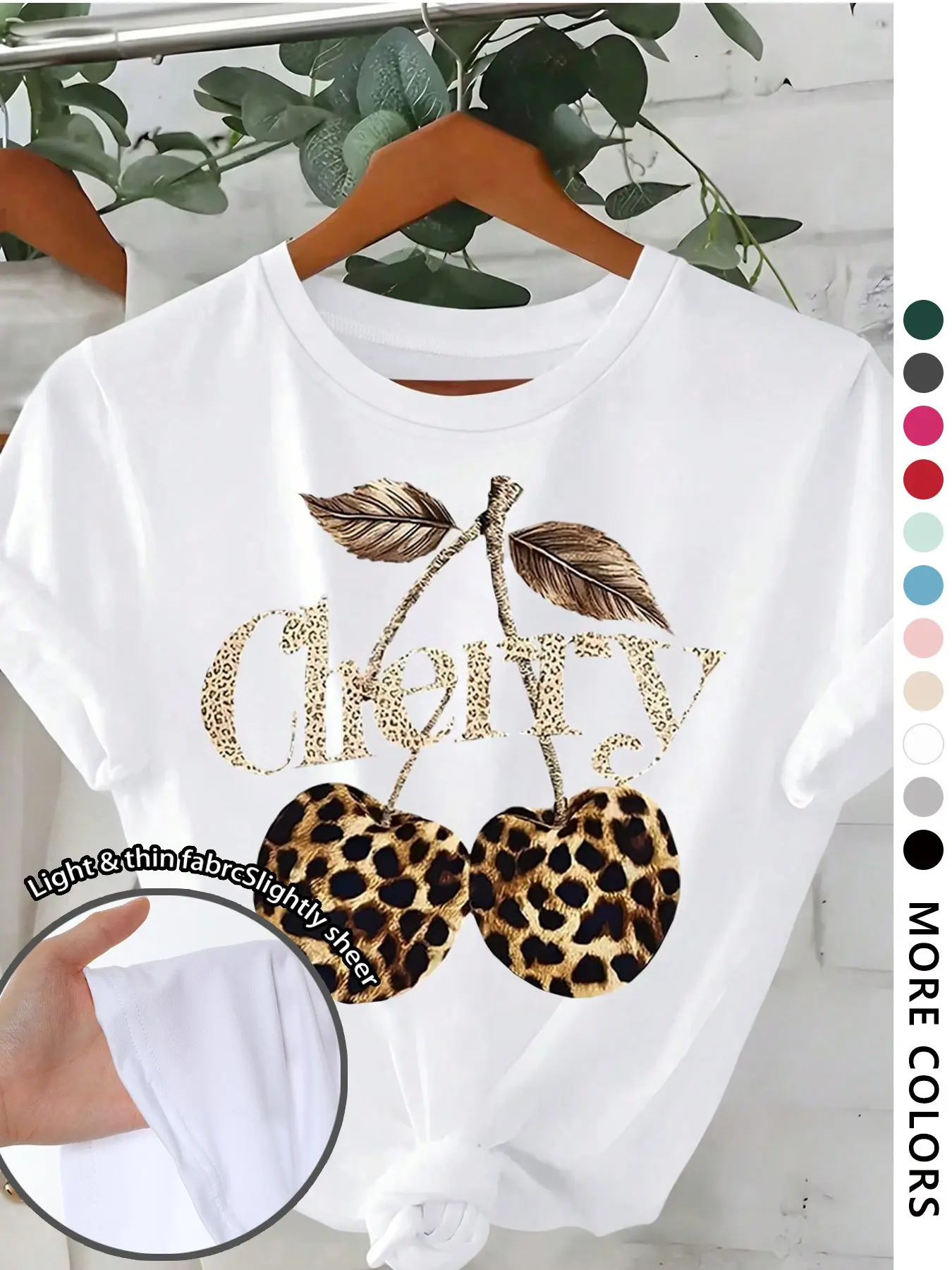 Women's Cherry & Leopard Print Round Neck Graphic Tee, Vintage Trendy Casual Short Sleeve T-shirt for Daily Wear, Ladies All Seasons Top, Womenswear, Animal Tee