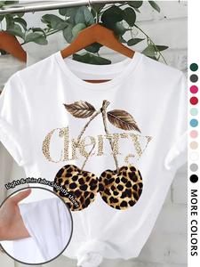 women's cherry & leopard print round neck graphic tee, vintage trendy casual short sleeve t-shirt for daily wear, ladies all seasons outfit, top, womenswear