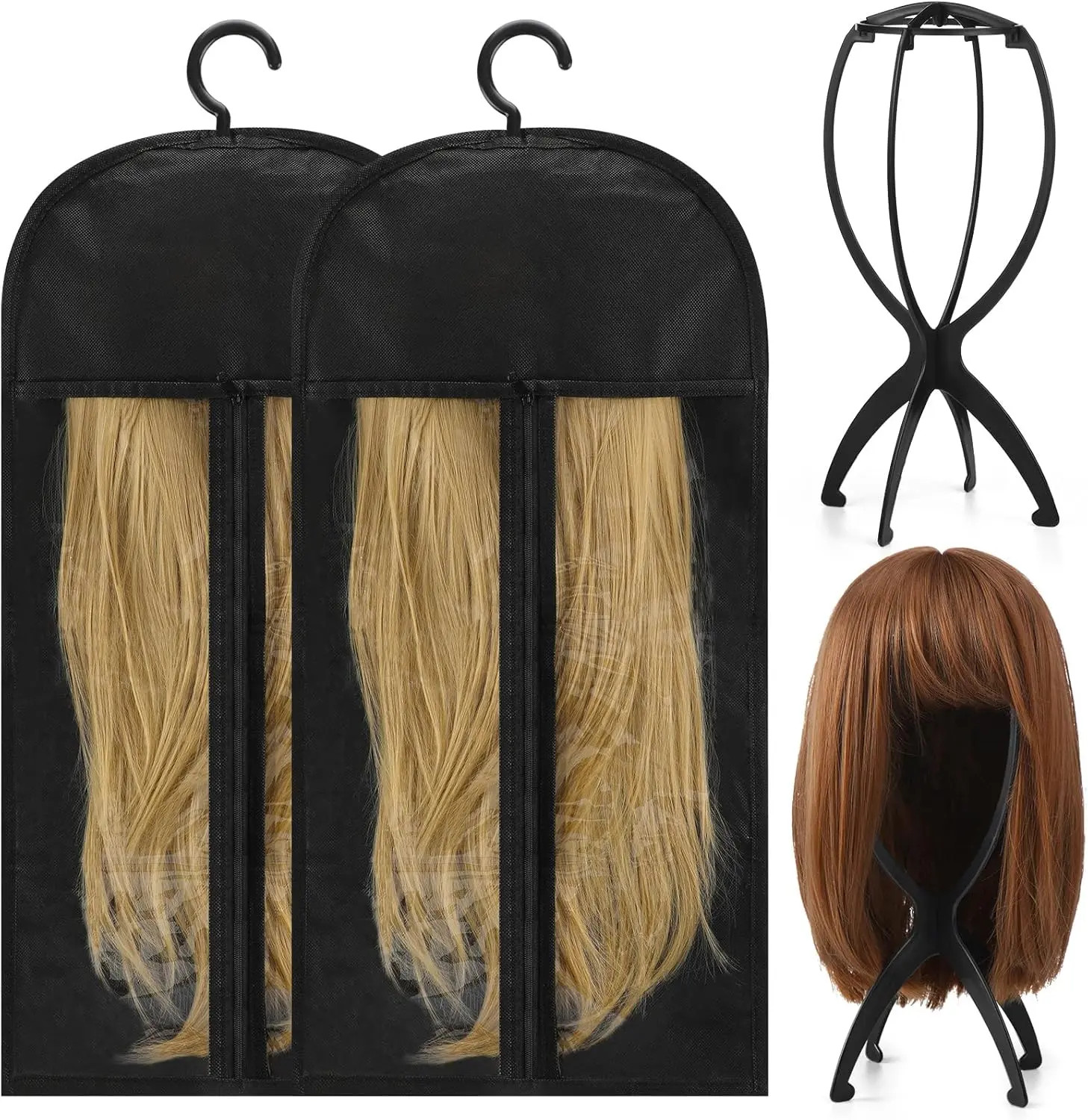 2 Pcs Wig Storage Bags with 2 Pack Wig Head Stand – Travel Wigs Holder Hat Display Wig Stand Set for Home Salon Use, Black – Perfect for Wigs, Hats, Extensions, Costumes – Lightweight, Portable, Breathable – Great for Travel, Home Storage, Salon Display