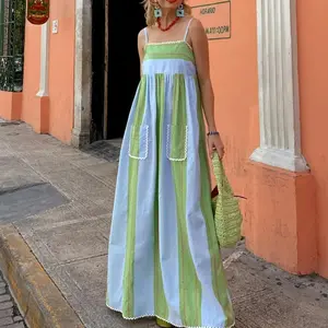 Women's Cute Fashion Striped Maxi Dress Summer Sleeveless Spaghetti Strap Front Pocket Dress Flowy Beach Dress beach  fits short sleeve dress mufti clothes