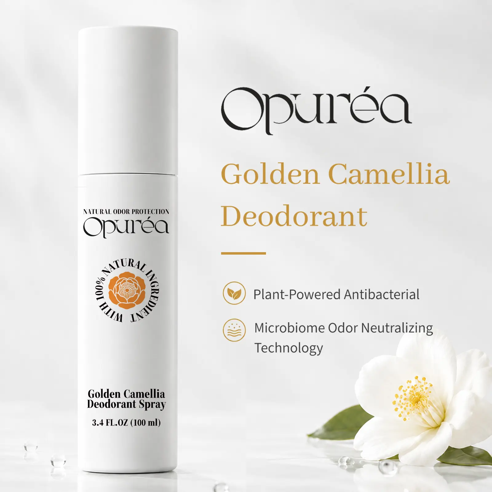 OPUREA Golden Camellia Whole Body Deodorant Spray for Women & Men, Plant-Powered Odor Neutralizer, Nearly Unscented Light Herbal Scent, Aluminum-Free, Sensitive-Skin Friendly, Clear Quick-Dry Mist, Easy to Layer with Perfume, 3.4 fl oz (100 mL)