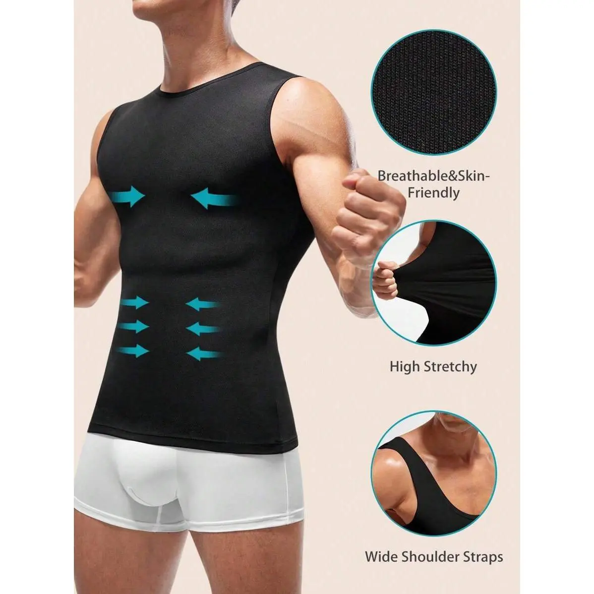 Men's Round Neck Solid Color Sleeveless Slim Fit Shapewear Undershirt Tank, Textured Polyester Blend Fabric, Breathable Stretch Shapewear Top for Menswear, Breathable Shapewear