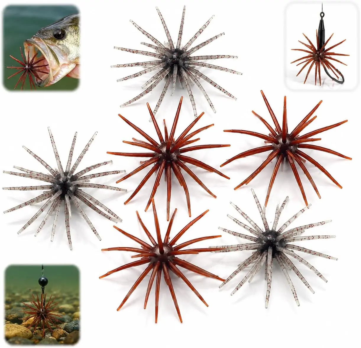 6 Pack Sea Urchin Bait, 4.33 Inch TPE Soft Bait for Bass Fishing | 6 pack 4.33-inch TPE sea urchin soft baits in Flashing Red and Flashing Brown with multi-tentacle profiles for bass