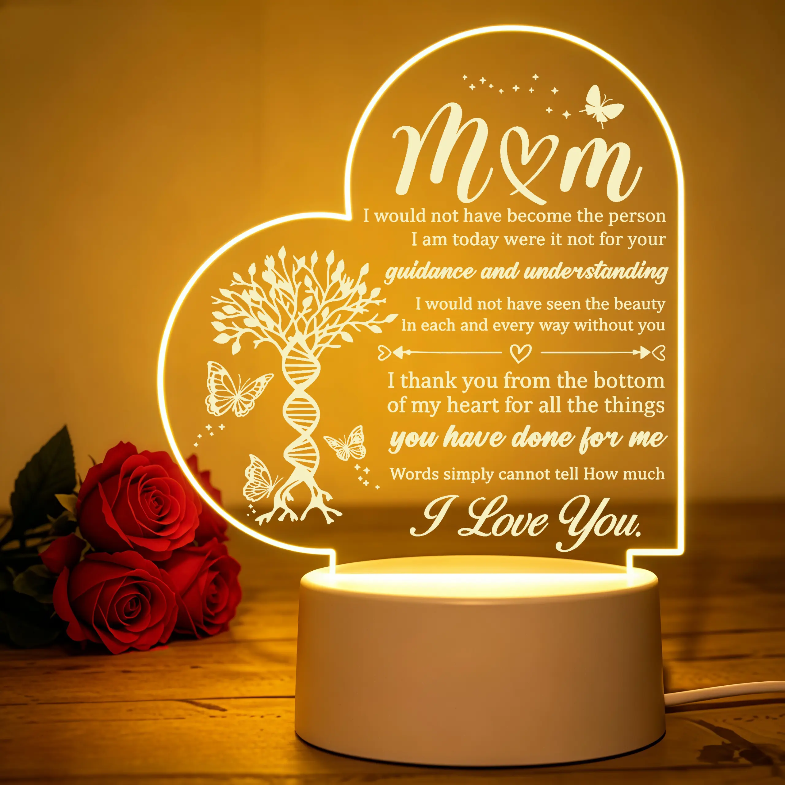 Heart Shaped Acrylic LED Night Light Table Lamp, Sentimental Gift for Mom from Daughter Son, Ambient Glow Bedroom Desk Decor, Halloween Christmas Decorative Light