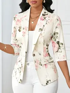 A fashionable white Floral printed casual blazer jacket suit jacket for women, with eye-catching print design and a loose fit suitable for commuting to work, shopping and outdoor activities, indoor and outdoor dressing