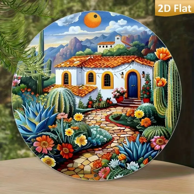 Mexican Southwest Desert Hacienda Cactus Floral Round Metal Sign Vibrant Spanish Villa Tin Wall Plaque Rustic Farmhouse Front Door Hanging Decor Southwest Desert Garden Lover Gift Floral Round Metal Sign Mexican Boho Farmhouse Wall Decor Desert Lover Gift