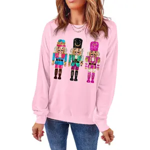 Women's Pink Nutcracker Printed Drop Shoulder Christmas Sweatshirt