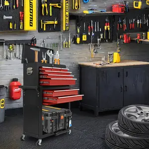 eight-drawer large capacity rolling toolbox, detachable cabinet storage toolbox with wheels and drawers, detachable toolbox with lock for workshop mechanical garage BLACK+RED