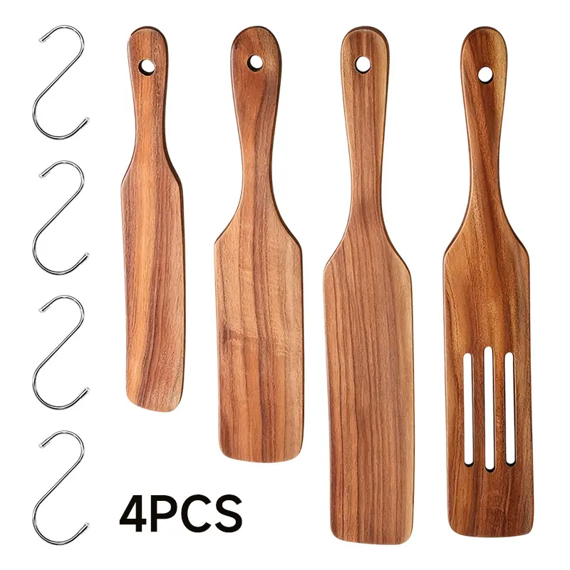 4-Pack Natural Acacia Wood Spurtle Set - Hanging Kitchen Utensils, Non-Stick Cookware-Safe, Curved Ends, Natural Grain for Baking, Stirring, Scooping, Everyday Use