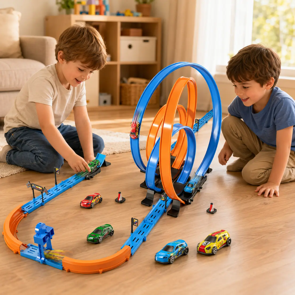 Car Race Track Sets for Kids 42 PCS Toy Car Track Accessories with 4 Small Cars for Racing Game Indoor & Outdoor Play Perfect for Birthday Gifts - Toyset