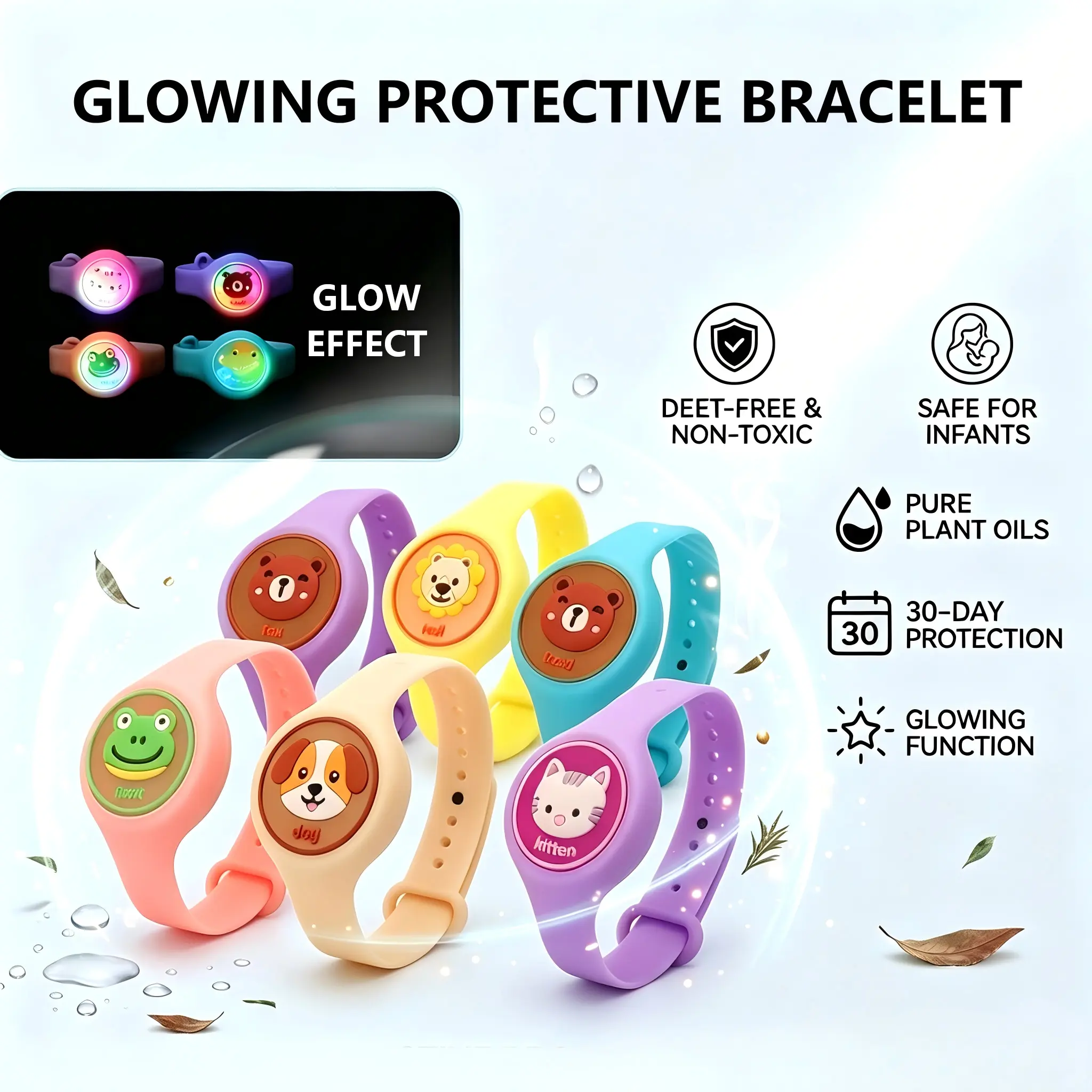Luminous (Glowing Effect) Deet-Free & Non-Toxic Mosquito Repellent Wristband - Portable Unisex 3-14y Children Anti-Insect Bracelet, Effective Bite Protection, Outdoor Summer Pest Control Accessory, Unisex Kids
