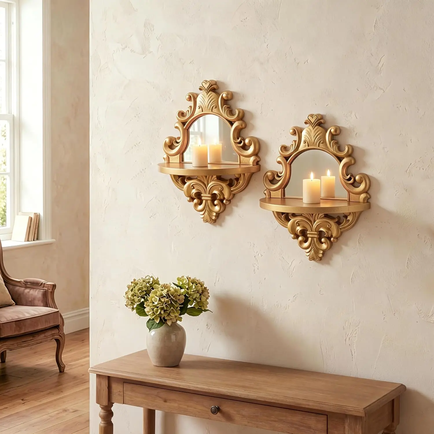 2-Set Vintage Relief Gold Wooden Candle Wall Sconce, Antique Mirrored Victorian Mounted Candlestick Holder, 11.8in for Home Decor Living Room Bedroom