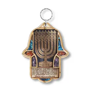 My Daily Styles Handcrafted Wooden Jewish Hamsa Menorah (Mat002 Model) - Lighted Home Blessing Good Luck Wall Decor, Religious Hanging Ornament with Simulated Gemstones, Gift for Faithful Individuals, Light