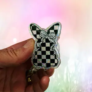 Black Checkered Bunny Badge - Easter Badge Reel - Retractable ID Holder - Handmade - Customizable - Badge Charm - Nurse Badge Reel - Carabiner Clip - MRI Safe Badge Reel - Teacher Lanyard - Stethoscope ID Tag - Magnetic Badge - Pin - Magnet