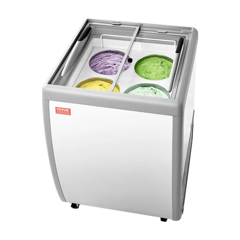 VEVOR 5.6 cu.ft/158 L Commercial Ice Cream Display Deep Freezer, -19 to 3 ℉ (-28 to -16 °c), Tempered Sliding Glass Door, LED Lighting, Locking Casters, 4 Ice Cream Tubs Capacity for Convenience Stores
