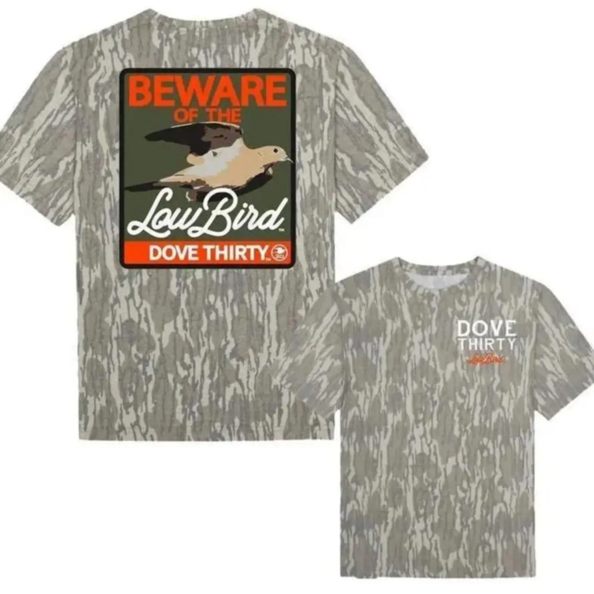 Dove Thirty Low Bird Camo T-Shirt, Mossy Oak Bottomland Style Hunting Tee, Duck & Dove Graphic Shirt, Waterfowl Outdoor Camouflage Apparel, Unisex Hunter Gift S-5XL