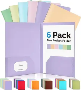 Sooez 6 Pack Pocket Folders with Labels, Heavy Duty Plastic File Folders with Pockets, Pastel Poly Folders for Documents Letter Size, Colored School Offfice Folder Bulk, Back to School Supplies Pocket Folders