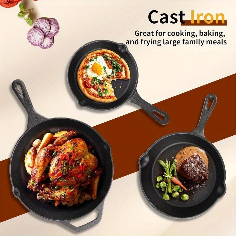 Kitchen Cast iron Skillets 3 Piece Set, Chefs Pan, Pre Seasoned Cast iron Skillets, 6, 8 & 10 Inches, Easy Use in the Oven, Stove, Grill, or Campfire,