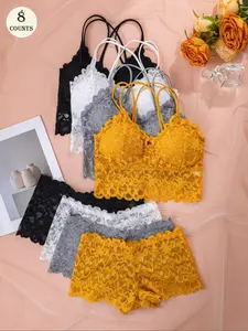 8-Pack Lace Bralette & Short Sets, Double Spaghetti Strap Wireless Lingerie, Scallop Trim Sheer Lace Sets in 4 Colors for Daily & Sleepwear