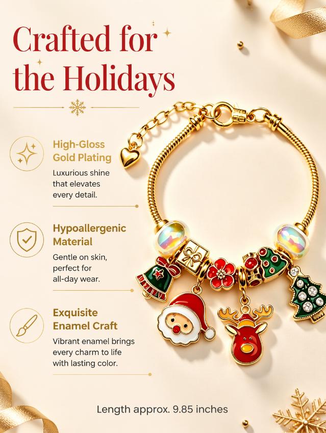 Christmas Charm Bracelet for Women, Gold Plated Snake Chain Beaded Bracelet with Santa Claus, Reindeer, Christmas Tree Enamel Charms, Holiday Xmas Jewelry Gift