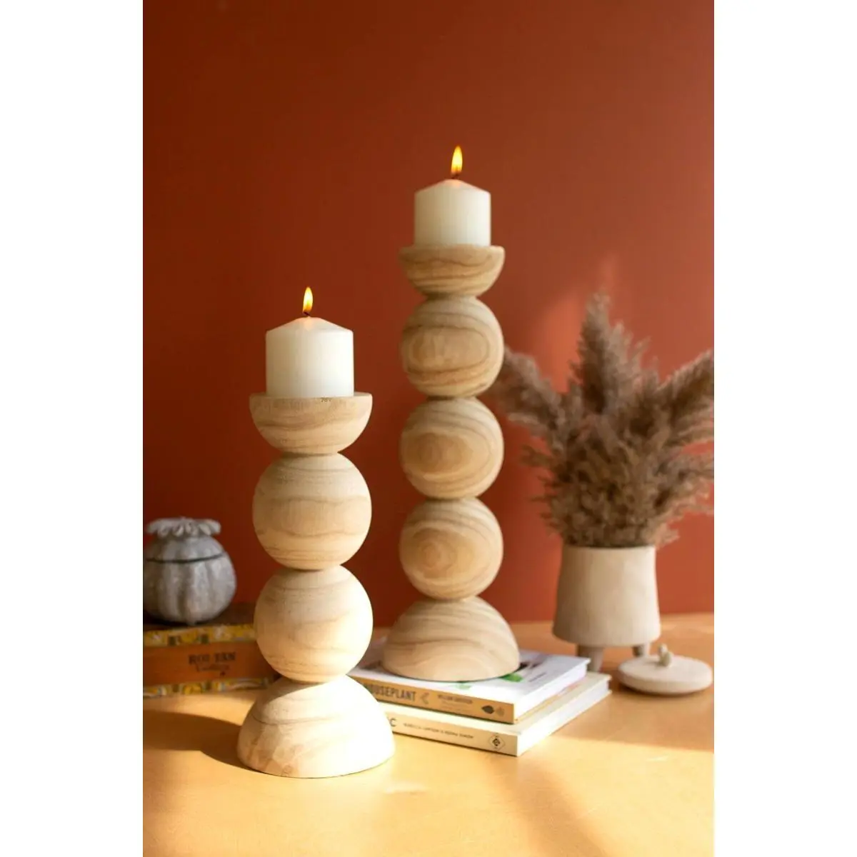 Set Of Two Hand Carved Wooden Stacked Ball Candle Holders