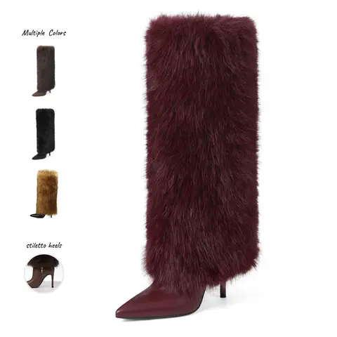 Womens Faux Fur 4 Inch Stiletto Knee High Boots Fold Over Fur Boots Pointed Toe Long Fashion Boots for Fall Winter Party Night Out Daily Wear Outfit Brown Black Red Colors Boots woman