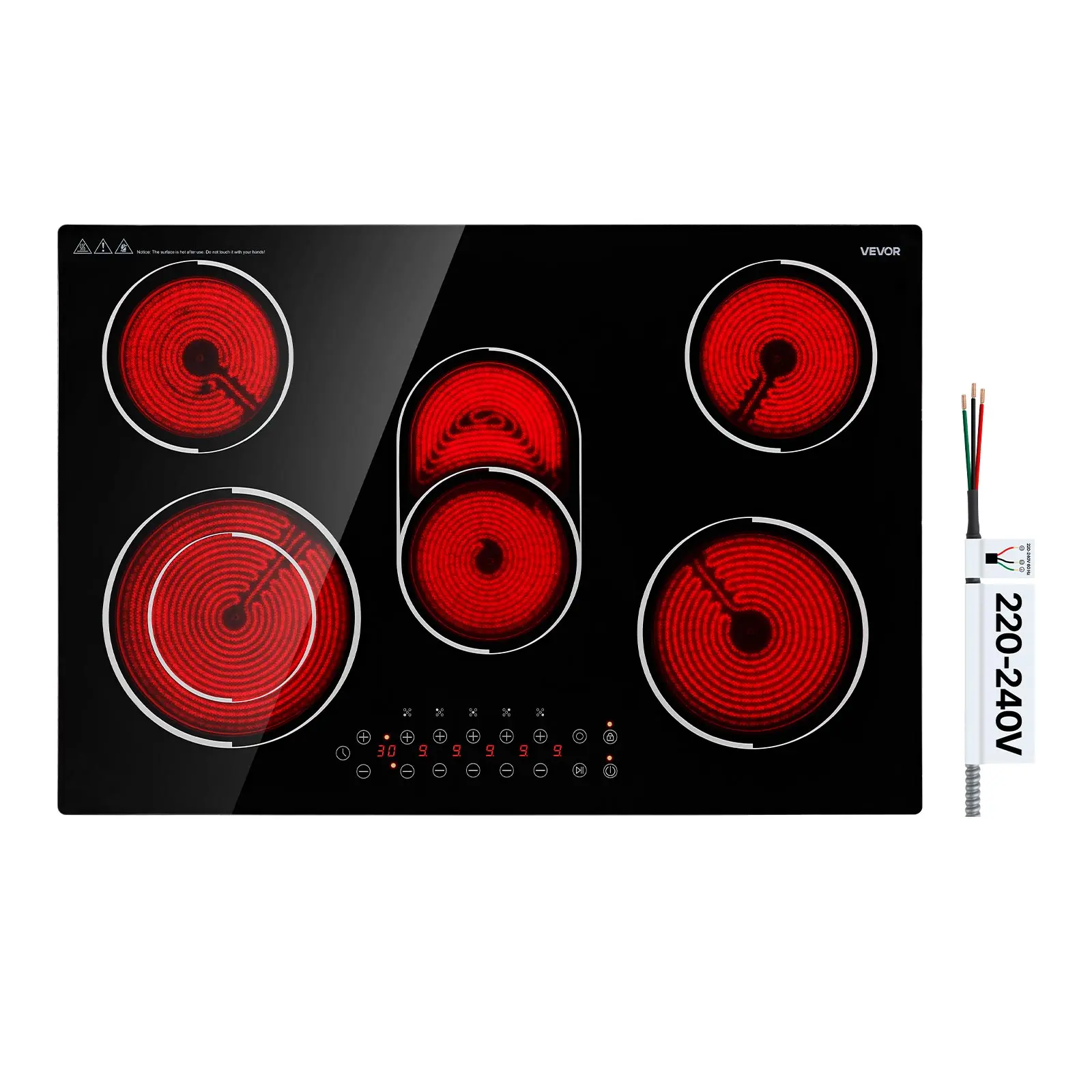 VEVOR Electric Cooktop 30inch 5 Burners Stove Top 8900W 220V No Plug, Ceramic Built-in Radiant Electric Stove , with 9 Power Levels, Timer, Child Lock, Over-Heat Guard, Touch Control