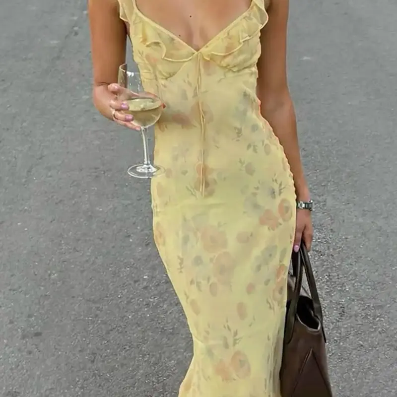 Women's Floral Print Dress, Chic Elegant Fitted Y2K Sleeveless Design for Party, Club & Dating, Lightweight Summer Dress, Cocktail Maxi Dress, Evening Party Dresses