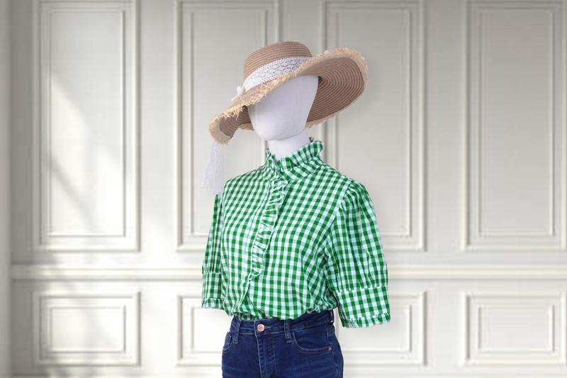 100% Cotton Green/Khaki/Red/Blue Gingham Check Shirt with Ruffle Neckline & Puff Sleeves Medium Length Women's Fashion Top Runs Large