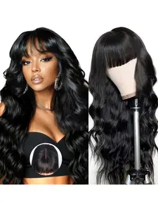 180% Density Brazilian Body Wave Wig with Bangs Women's Real Human Hair Wig (Non-Lace Front) Glue-less Brazilian Hair Wig Premium Blend of Real Human Hair and Heat-Resistant Synthetic Fiber Natural Color Designed for Women.