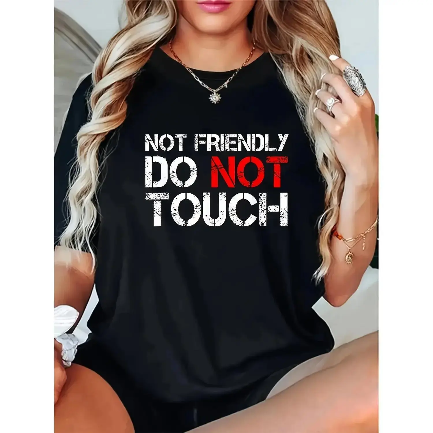 Women's "Not Friendly Do Not Touch" Graphic T-Shirt, Casual Streetwear Short Sleeve Crew Neck Top with Bold Message in Soft Breathable Fabric, Round Neck