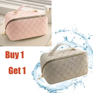 Buy 1 get 1 Large Capacity Travel Cosmetic Bag - Portable Makeup Bags for Women Waterproof PU Leather Checkered Makeup Organizer Bag with Dividers and Handle, Toiletry Bag for Cosmetics,Great Gift for Women