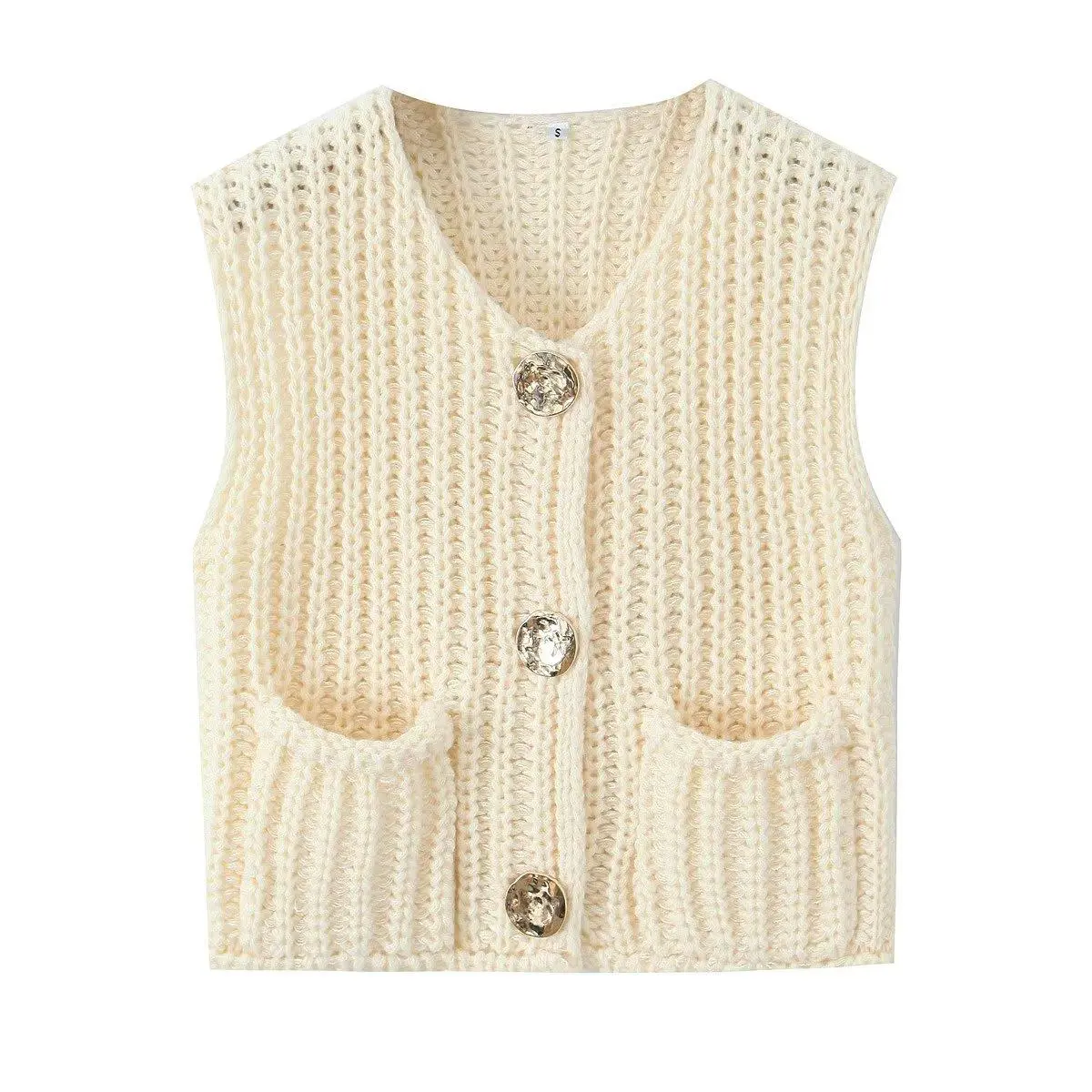 Women's Sweater Vest, Chunky Twist Knit Cropped Cardigan, Sleeveless Crewneck Loose Fit Button-Down Top with Pockets, Minimalist, Basic, Party, Cropped Length, Side Pockets, Round Neck, Casual, Halter, Tank Top, Fabric, Knitwear, Elastic, Comfortable