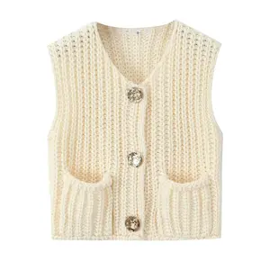 Womens Trendy Cardigan Sweater Vest Crochet Chunky Knit Top Cute Crewneck Sleeveless Button Down Crop Tops  for Women with Pockets