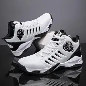 Men's High-Top Basketball Sneakers - Fashionable Black and Red Design, Non-Slip Durable Rubber Sole, Breathable PU Upper with Basketball Player Logo, for, Sports, Hiking, and Casual Wear