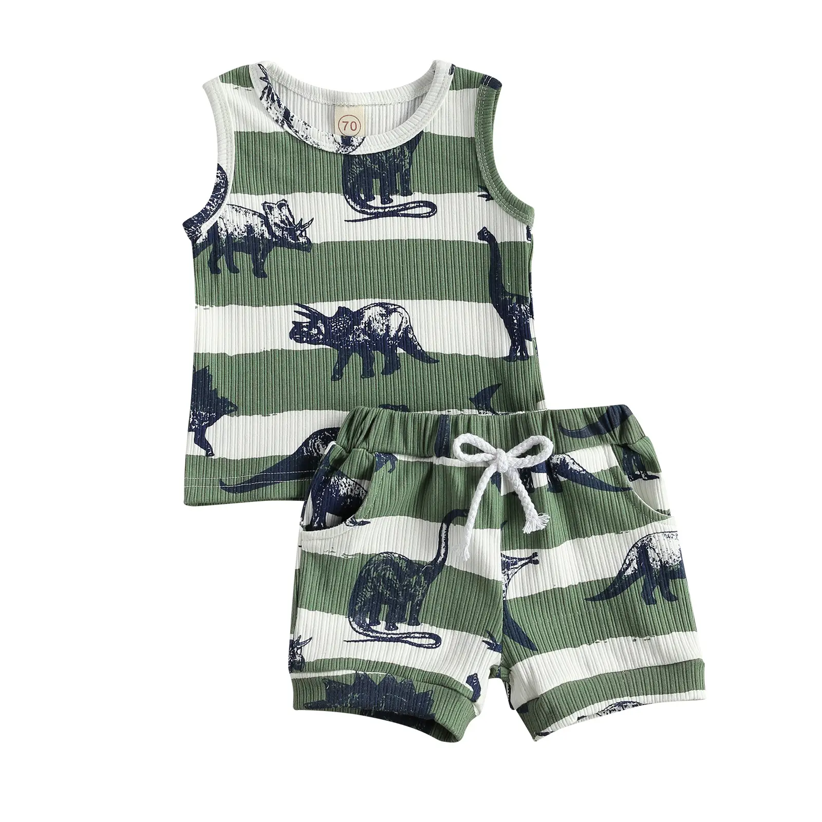 2Pcs Baby Boy Summer Outfit Tracksuits Cartoon Dinosaur Print Sleeveless Tank Top Vest + Elastic Waist Shorts Set for Infant Toddler Boys Clothes Spri