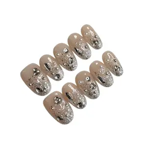 10 Pcs Handmade Nude Rhinestone Nail Tips, Luxury Pearl Silver Foil Short Oval Nails, Shimmery Party False Nails, Removable Glittering