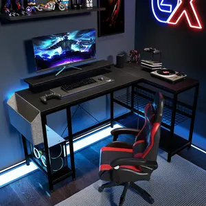 Space-Saving L Shaped Writing Desk with Monitor Stand & Storage Shelves for Home Office